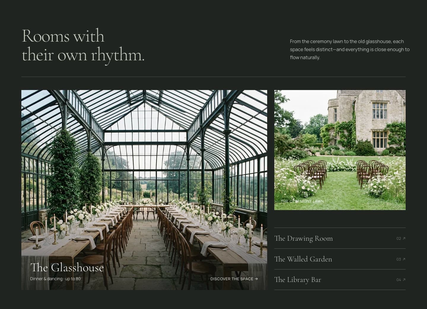 Aster Hall spaces section showing a glasshouse dining room and an outdoor ceremony space on a dark background